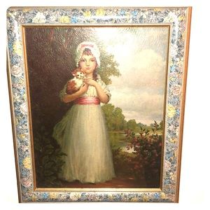 Vintage cat and girl framed picture